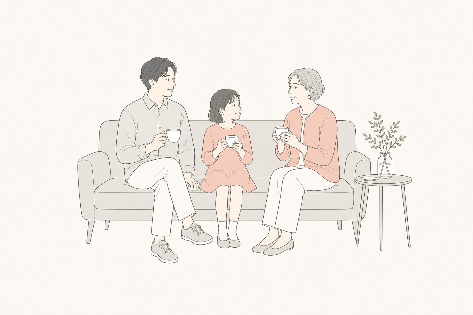 穏やかに過ごす家族の線画