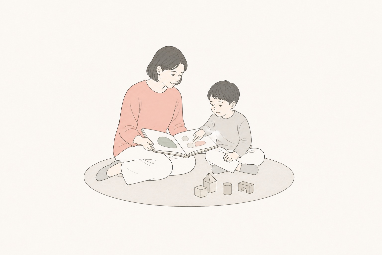 絵本を一緒に見る親子の線画