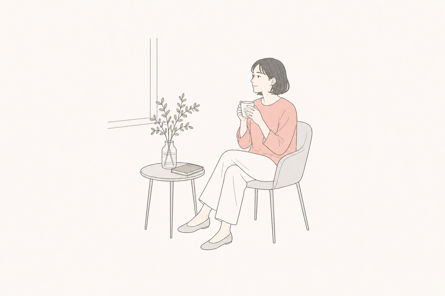 飲み物を手に静かに考える人物の線画