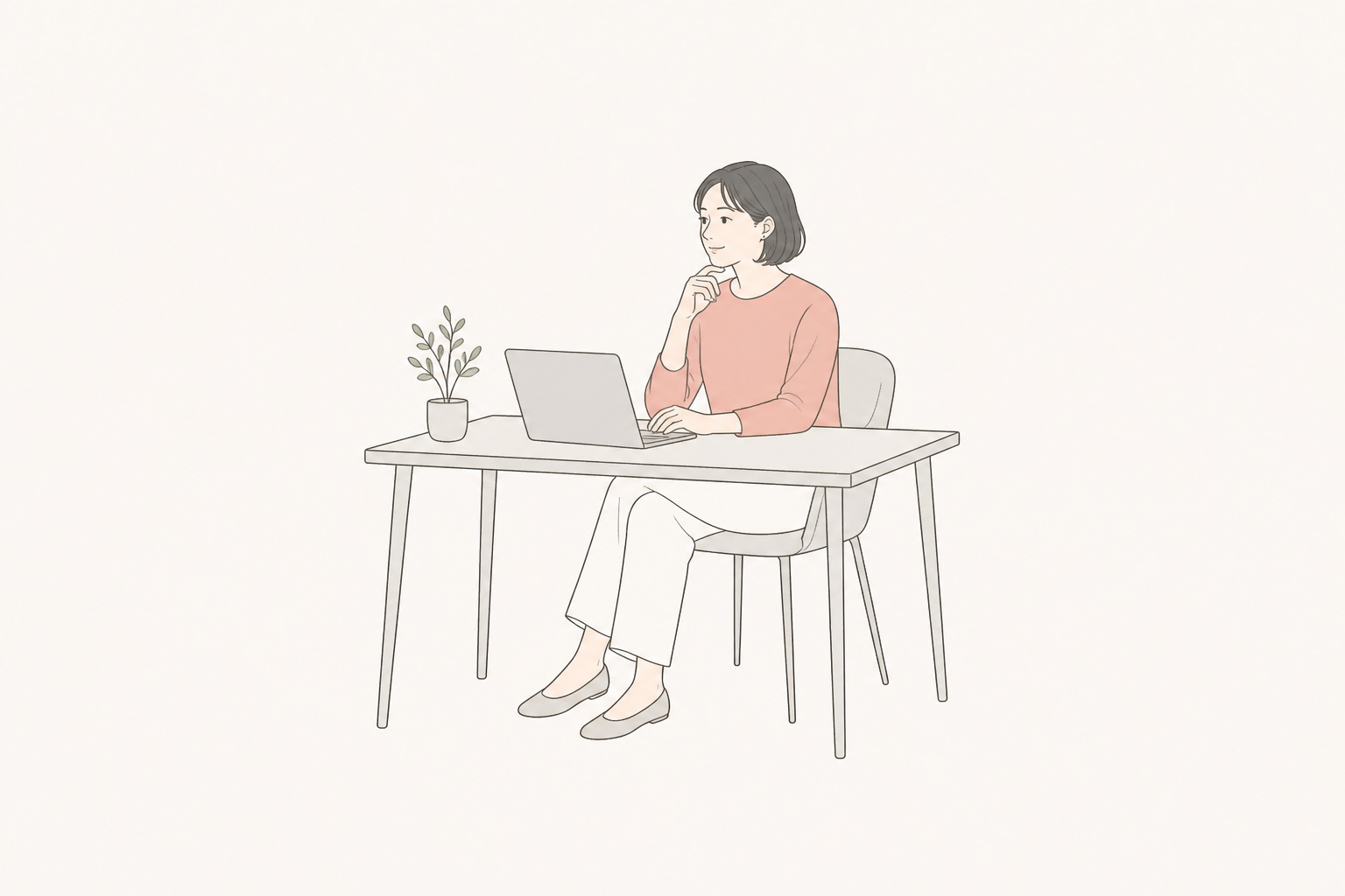 デスクで静かに考える人物の線画